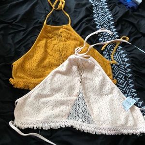 White and mustard yellow knit crochet halter top